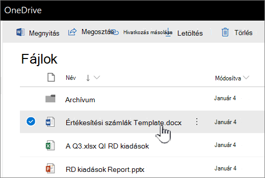 A OneDrive egy kijelölt fájllal