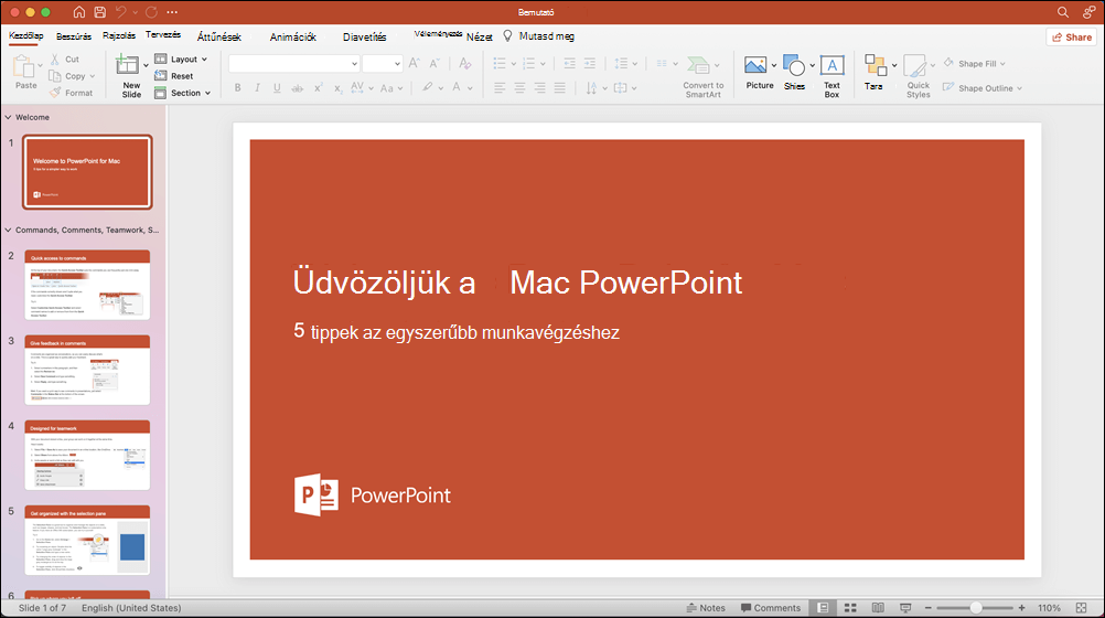 Mac PowerPoint 2021 ablak a megnyitott Bemutató megtekintése sablonnal