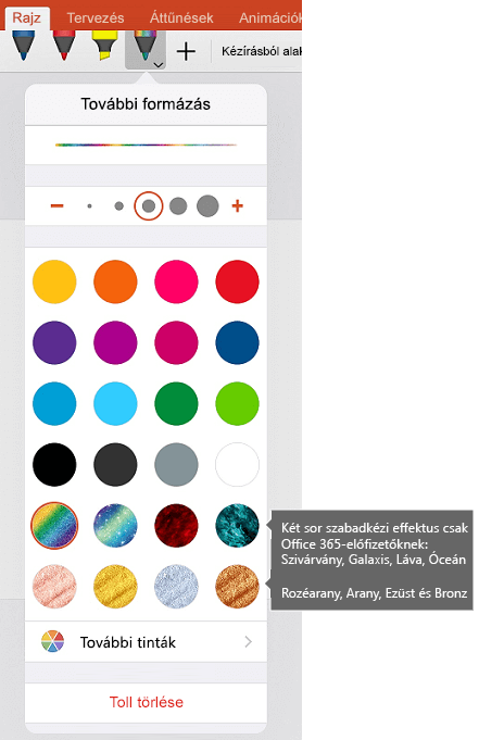 Szabadkézi elemek színei és effektusai szabadkézi rajzoláshoz az iOS Office-ban