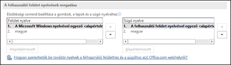 Az a párbeszédpanel, amelyen kiválaszthatja azt a nyelvet, amelyet az Office a gombjaihoz, a menüihez és a súgójához használ.