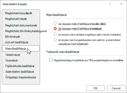Az Adatvédelmi központ makróbeállításai