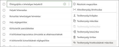 Feladatokat felsoroló párbeszédpanel. A Tevékenységre mutató hivatkozás másolása gomb kiemelten látható.