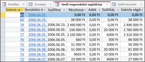 Adattábla átrendezhető lapfülekkel