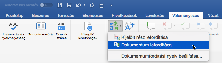 A Dokumentum fordítása lehetőség a Véleményezés lapon