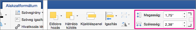 Az Alakzatformátum lapon a Magasság és a Szélesség mező van kiemelve.
