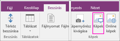 Képernyőkép a OneNote 2016 Beszúrás lapján lévő Képek gombról