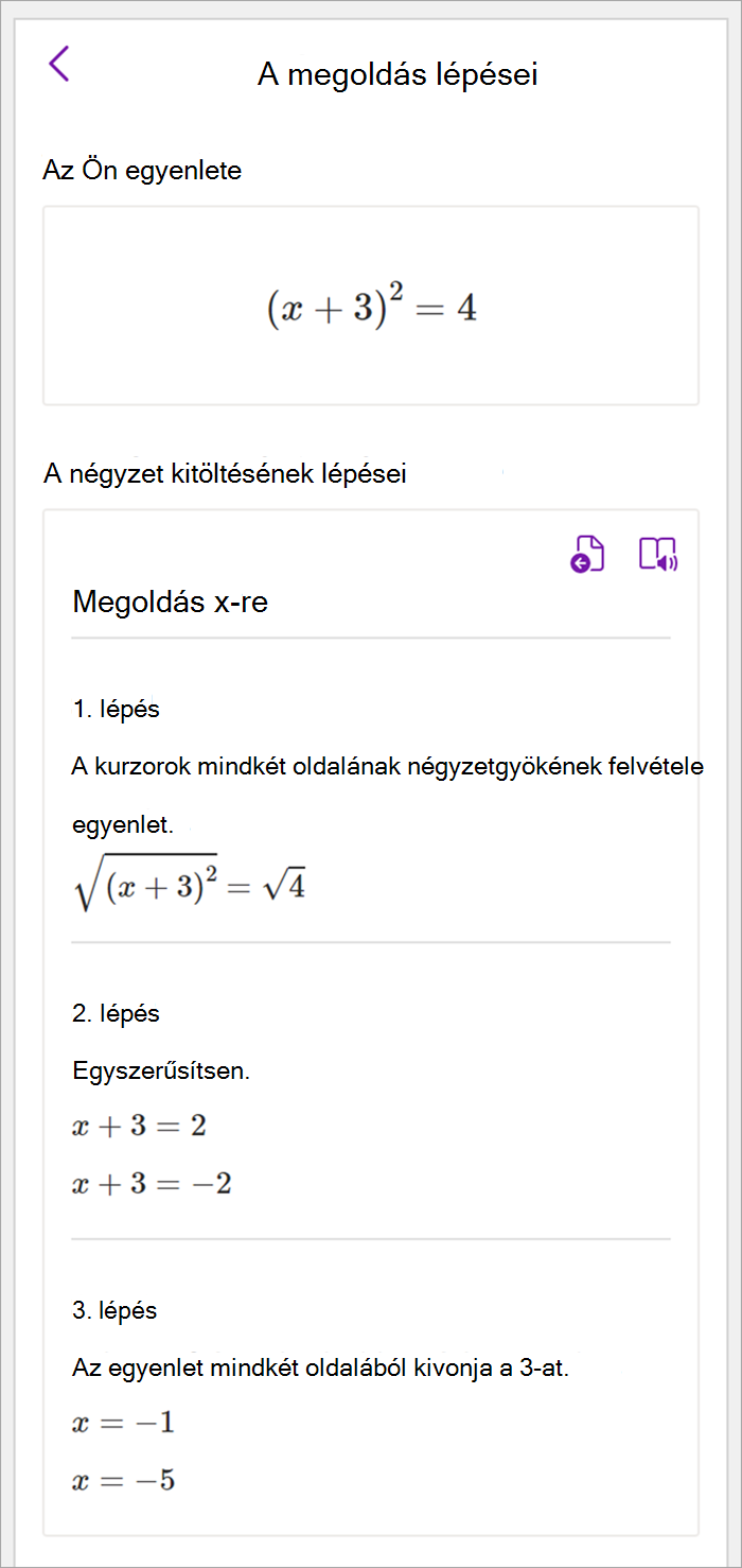 Képernyőkép az asztali OneNote matematikai ablaktáblájáról. A megoldás lépéseit ismertetjük a négyzet kiegészítésével az x megoldásához.