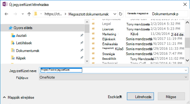 Windows 2016 OneNote Új jegyzetfüzet létrehozása párbeszédpanelje