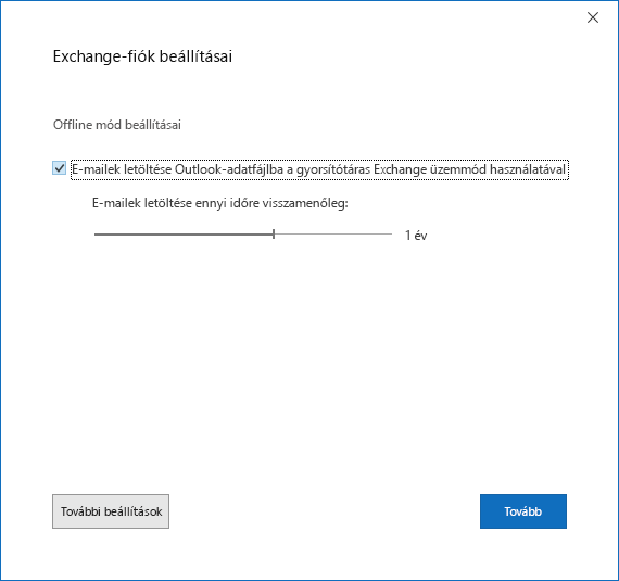 Fiókbeállítási párbeszédpanel, Exchange-fiókbeállítások lap.