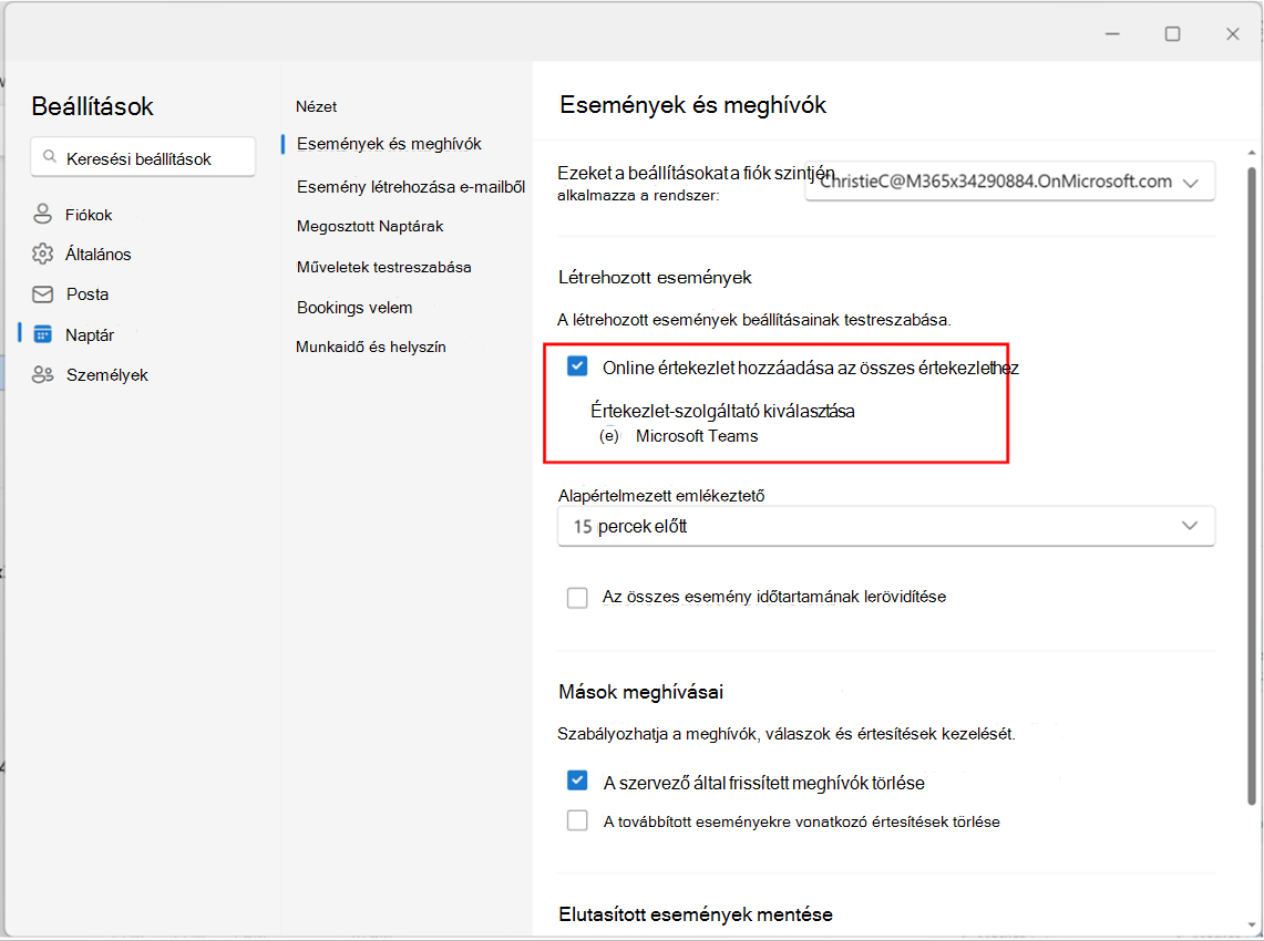Képernyőkép az Online értekezlet hozzáadásának engedélyezéséről vagy letiltásáról minden értekezlethez