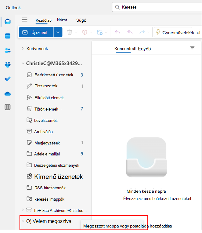 Képernyőkép az Outlook előugró ablakáról, amely lehetővé teszi megosztott mappa vagy postaláda hozzáadását