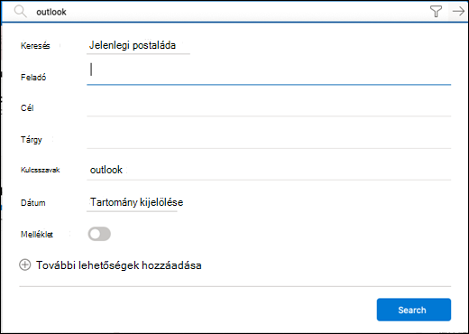 A keresés szűrőmenüje.