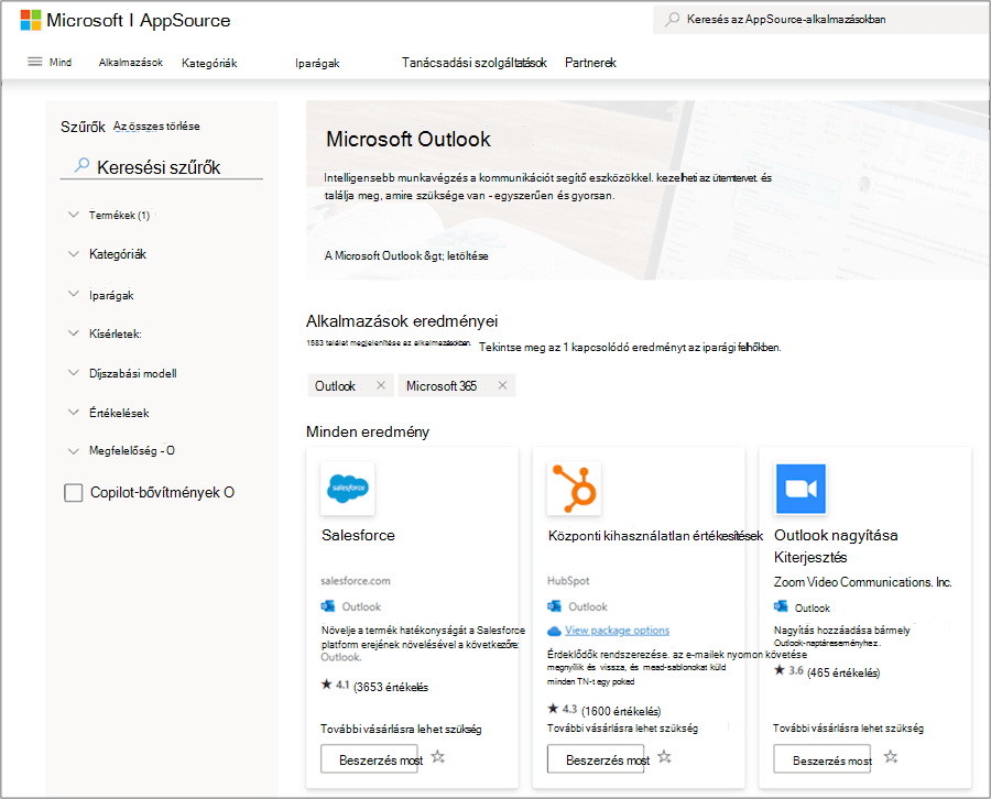 Microsoft Outlook-bővítmények az AppSource-ban