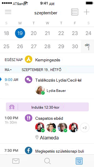 Egy naptár megjelenítése, alatta az esemény részletei.
