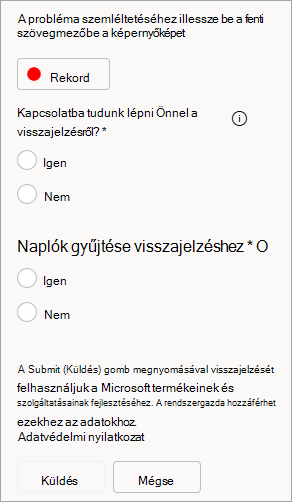 Képernyőkép a kapcsolattartási és a naplók küldésének engedélyezéséről visszajelzés küldésekor