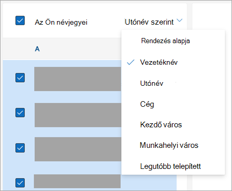 Képernyőkép a névjegyek rendezésére szolgáló lehetőségekről