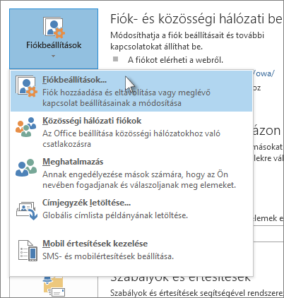 Kattintson a Fájlfiók > beállításai > elemre, Fiókbeállítások