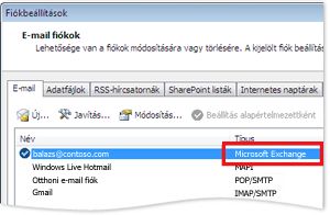 Exchange-fiók a Fiókbeállítások párbeszédpanelen