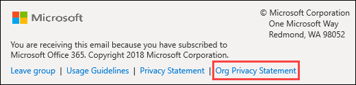 Az Office 365-csoportok vendégüdvözlő üzenetének lábléce