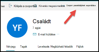 A csoportkártya a Outlook.com-ben egy felfelé mutató nyíllal, amely a Csoport Postaládájának exportálása parancsra mutat.