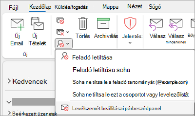 Képernyőkép a Feladó blokkolása legördülő menüről, amelyben a Levélszemét beállításai elem van kiválasztva