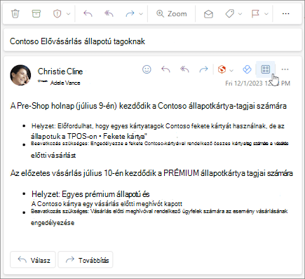 Az Alkalmazások ikon egy üzenet műveletsávján a Webes Outlook-ban és az új Windows Outlookban.