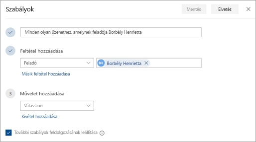 Képernyőkép a szabályok beállításai lapról