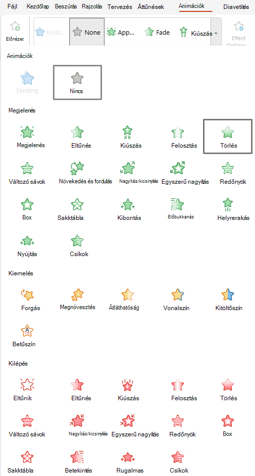 Képernyőkép a Webes PowerPoint számára elérhető animációkról.