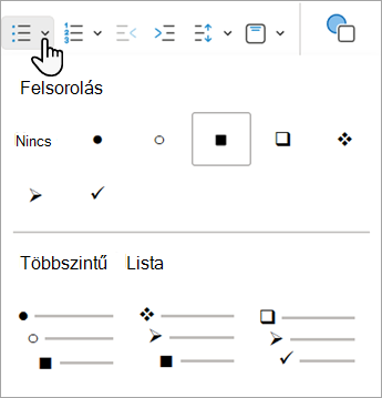 Képernyőkép a Webes PowerPoint-ban használható különféle listajelbeállításokról.