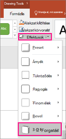 Képernyőkép a PowerPoint 2016 Effektusok menüjének Térbeli forgatás beállításáról