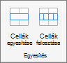 Képernyőkép a táblázat Elrendezés lapján elérhető Egyesítés csoportról, valamint a Cellák egyesítése és a Cellák felosztása lehetőségről.