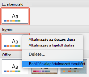 Egyéni téma Beállítás alapértelmezett témaként beállítása