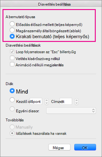 A bemutató típusával kapcsolatos beállítások