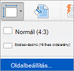 A Diaméret menü Oldalbeállítás eleme