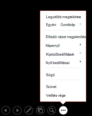 A PowerPoint előadói nézetének menüje