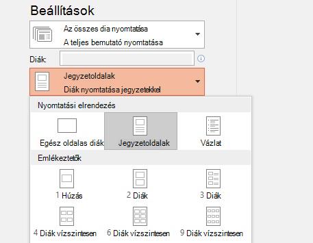 képernyőkép a jegyzetek nyomtatási beállításairól