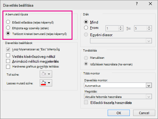 Önműködő bemutató beállítási párbeszédpanelje a PowerPointban