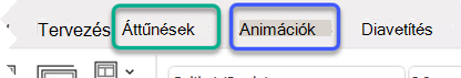 A PowerPoint menüszalagjának egy része, kiemelve az Áttűnések és az Animációk lapot.