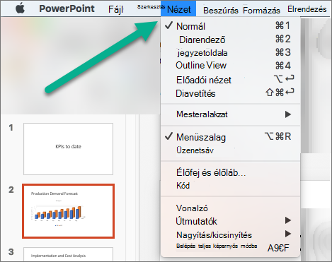 A PowerPoint Nézet menüje