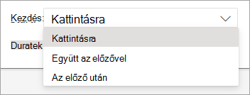 Az Indítás legördülő lista kijelölője, amikor animációt alkalmaz a Webes PowerPoint-ban.