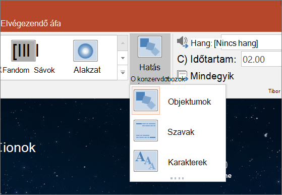 Az Alakváltás áttűnés effektusbeállításai a PowerPoint 2016-ban