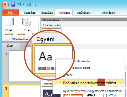 Kattintson a jobb gombbal az Egyéni címsor alatt felsorolt új témára, és válassza a Beállítás alapértelmezett témaként parancsot.