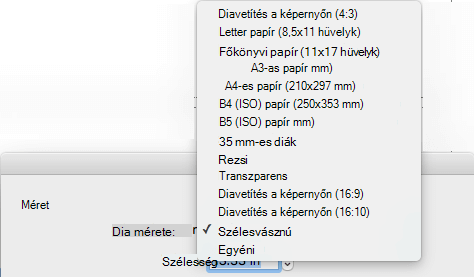Az Oldalbeállítás párbeszédpanelen számos előre definiált diaméret-beállítás található
