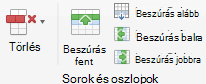 A táblázatsorok és -oszlopok szerkesztésére szolgáló gombok a menüszalagon