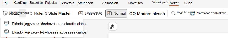 Előadói jegyzetek legördülő menü a Nézet lapon