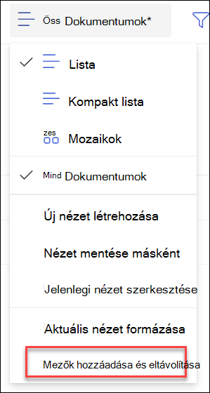 Képernyőkép a mezők hozzáadásáról és eltávolításáról
