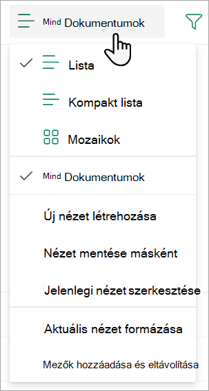 Képernyőkép a Minden dokumentum legördülő listáról, amely egy listanézet módosításához használható