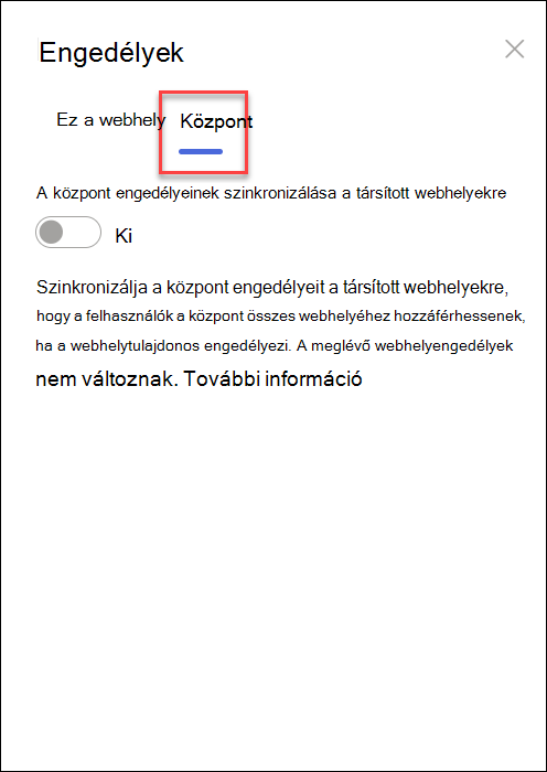 képernyőkép a központ engedélyeinek szinkronizálásának bekapcsolásáról