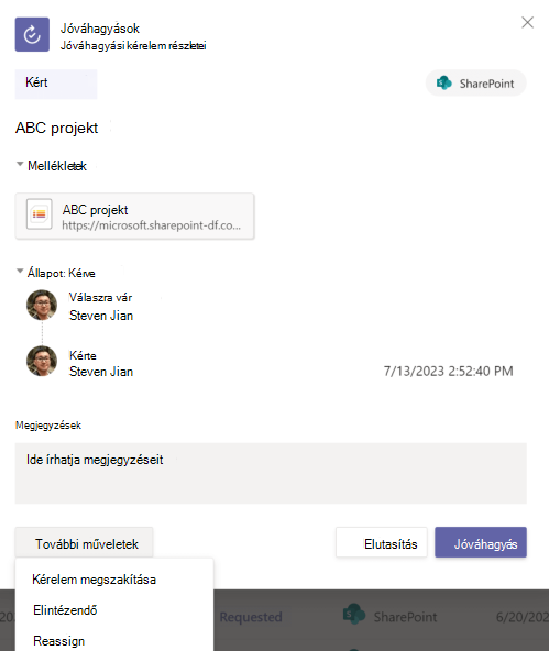 Képernyőkép a jóváhagyási kérelem részleteiről az alkalmazásban.