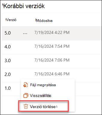 Képernyőkép egy verzió törléséről